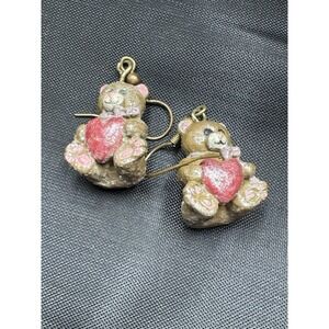 Vintage Gold Tone Sitting Teddy Bear Holding Heart Dangle Earrings